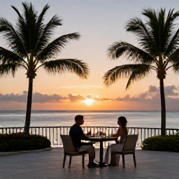 Caribbean Holidays, Guadeloupe Spa Breaks, Elegant Guadeloupe hotel terrace at sunset with a couple dining, palm silhouettes and calm Caribbean water