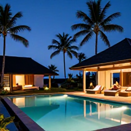 Caribbean Holidays, Guadeloupe Spa Breaks, Elegant Guadeloupe spa resort at dusk with illuminated pool, palm trees and a couple relaxing on a terrace