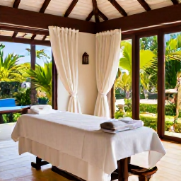 Caribbean Holidays, Guadeloupe Spa Breaks, Elegant Guadeloupe spa resort treatment room with natural materials, soft towels and views of tropical gardens