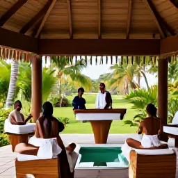 Caribbean Holidays, Guadeloupe Spa Breaks, Elegant Guadeloupe spa resort with an open-air treatment room, tropical garden and guests enjoying a calm wellness afternoon