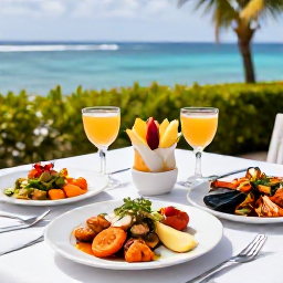 Caribbean Holidays, Guadeloupe Spa Breaks, Friendly outdoor table in Guadeloupe serving fresh Creole seafood, tropical fruit and French-inspired dishes