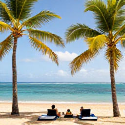 Caribbean Holidays, Guadeloupe Spa Breaks, Golden sandy beach and calm turquoise sea in Guadeloupe with palm trees and a couple relaxing in January sunshine