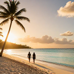 Caribbean Holidays, Guadeloupe Spa Breaks, Golden sandy beach in Guadeloupe with calm turquoise water, palm trees and a couple walking at sunset in December