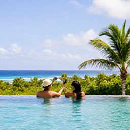 Caribbean Holidays, Guadeloupe Spa Breaks, Happy couple relaxing beside an infinity pool at a Guadeloupe resort, with tropical greenery and the Caribbean Sea beyond