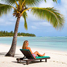 Caribbean Holidays, Guadeloupe Spa Breaks, Happy traveller relaxing on a sun lounger beside a palm-fringed Guadeloupe beach, with a calm sea and tropical hills in the distance