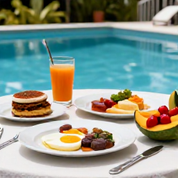Caribbean Holidays, Guadeloupe Spa Breaks, Healthy Creole-inspired breakfast and fresh tropical fruit beside a spa pool in Guadeloupe