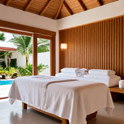 Caribbean Holidays, Guadeloupe Spa Breaks, Modern Guadeloupe resort spa with treatment room, natural wood details, soft towels and tropical plants