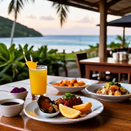 Caribbean Holidays, Guadeloupe Spa Breaks, Outdoor caf&eacute; in Guadeloupe serving fresh tropical fruit, seafood and local Creole dishes in warm evening light