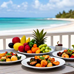 Caribbean Holidays, Guadeloupe Spa Breaks, Outdoor table at a friendly Guadeloupe restaurant serving Creole seafood, colourful vegetables and tropical fruit beside the sea