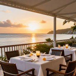 Caribbean Holidays, Guadeloupe Spa Breaks, Outdoor terrace restaurant in Guadeloupe serving fresh seafood, tropical fruit and French-Caribbean dishes at sunset
