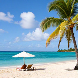 Caribbean Holidays, Guadeloupe Spa Breaks, Palm-fringed beach with turquoise water, soft sand and a visitor relaxing under an umbrella in Guadeloupe