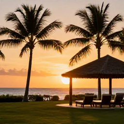 Caribbean Holidays, Guadeloupe Spa Breaks, Peaceful Guadeloupe resort at sunset with glowing sky, palm trees and a comfortable outdoor relaxation area