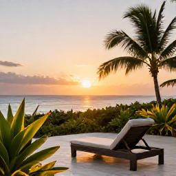 Caribbean Holidays, Guadeloupe Spa Breaks, Peaceful Guadeloupe resort terrace at sunset with a comfortable sun lounger, tropical plants and a glimpse of the Caribbean Sea