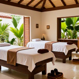 Caribbean Holidays, Guadeloupe Spa Breaks, Peaceful spa interior in Guadeloupe with massage beds, tropical plants, soft natural light and relaxing d&eacute;cor