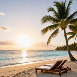 Caribbean Holidays, Guadeloupe Spa Breaks, Quiet Guadeloupe beach at sunrise with a comfortable sun lounger, palm trees and calm turquoise water