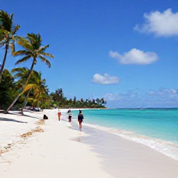 Caribbean Holidays, Guadeloupe Spa Breaks, Quiet Guadeloupe beach in May with turquoise water, soft sand, palm trees and a couple walking along the shoreline
