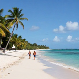 Caribbean Holidays, Guadeloupe Spa Breaks, Quiet sandy beach in Guadeloupe during October with palm trees, turquoise water and a relaxed couple walking along the shore