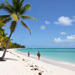 Caribbean Holidays, Guadeloupe Spa Breaks, Quiet sandy beach in Guadeloupe with turquoise sea, palm trees and a couple walking along the shore