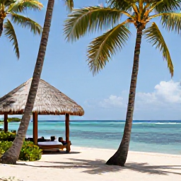 Caribbean Holidays, Guadeloupe Spa Breaks, Relaxing beachfront spa setting in Guadeloupe in January, with palm trees, treatment pavilion and calm turquoise sea
