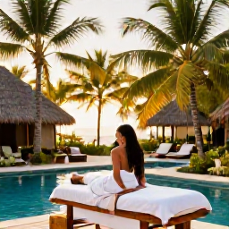 Caribbean Holidays, Guadeloupe Spa Breaks, Relaxing outdoor spa treatment beside a tropical pool at a Guadeloupe resort, lush palms and warm Caribbean light