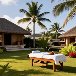 Caribbean Holidays, Guadeloupe Spa Breaks, Relaxing spa treatment beside a tropical garden in Guadeloupe, with palm trees and warm May sunshine