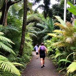 Caribbean Holidays, Guadeloupe Spa Breaks, Scenic Guadeloupe rainforest trail and waterfall near Basse-Terre, with lush vegetation and visitors walking gently