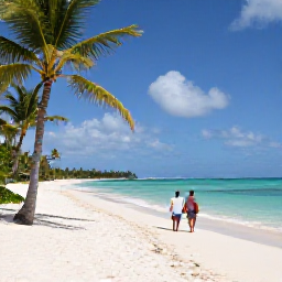 Caribbean Holidays, Guadeloupe Spa Breaks, White sandy beach near a Guadeloupe spa resort, turquoise water, palm trees and a couple walking beside the sea