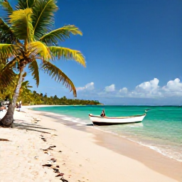 Caribbean Holidays, Guadeloupe Tours, A bright coastal scene in Guadeloupe in July, with turquoise sea, a sandy beach, palm trees and a small traditional boat