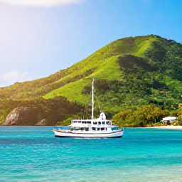 Caribbean Holidays, Guadeloupe Tours, A bright coastal scene in Guadeloupe with a small tour boat, turquoise water, lush green hills and warm September sunlight