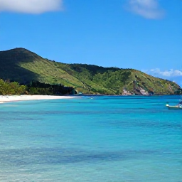 Caribbean Holidays, Guadeloupe Tours, A bright coastal view of Guadeloupe in August, with turquoise sea, green hills and a small boat near the shore