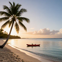 Caribbean Holidays, Guadeloupe Tours, A calm Guadeloupe beach with palm trees, clear shallow water, kayaks and a golden late-afternoon sky