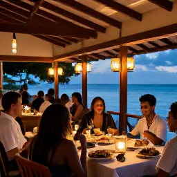 Caribbean Holidays, Guadeloupe Tours, A friendly evening dining scene in Guadeloupe, with local Caribbean dishes, lanterns and a warm coastal atmosphere