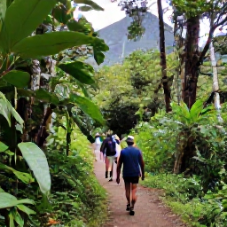 Caribbean Holidays, Guadeloupe Tours, A guided hike through lush Guadeloupe rainforest in July, with a waterfall, volcanic mountains and visitors walking on a shaded trail