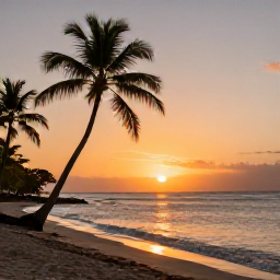 Caribbean Holidays, Guadeloupe Tours, A relaxed sunset view over a Guadeloupe beach with palm trees, gentle waves and warm evening light