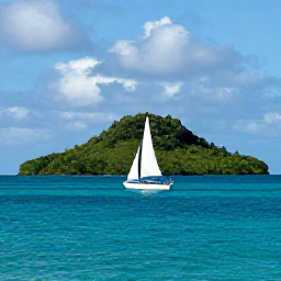 Caribbean Holidays, Guadeloupe Tours, A small boat sailing across calm turquoise water towards a green tropical island near Guadeloupe