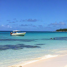 Caribbean Holidays, Guadeloupe Tours, A small boat visiting a calm Guadeloupe island in July, with clear water, snorkellers, coral reef and a quiet beach