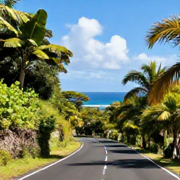 Caribbean Holidays, Guadeloupe Tours, A sunny coastal road winding through lush Guadeloupe scenery with tropical vegetation and distant blue sea