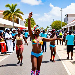 Caribbean Holidays, Guadeloupe Tours, Colourful Guadeloupe Carnival parade with dancers in vibrant costumes, musicians and cheering crowds on a sunny Caribbean street