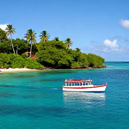 Caribbean Holidays, Guadeloupe Tours, Colourful guided boat tour approaching the lush coastline of Guadeloupe, clear Caribbean water and small tropical islands