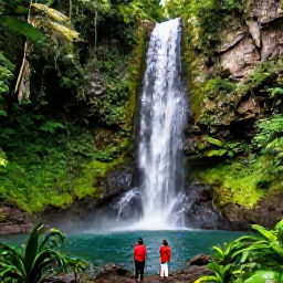 Caribbean Holidays, Guadeloupe Tours, Guided rainforest hiking tour in Guadeloupe with visitors walking beneath lush green trees beside a clear waterfall