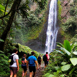 Caribbean Holidays, Guadeloupe Tours, Hikers walking through lush Guadeloupe rainforest towards a tropical waterfall on Basse-Terre