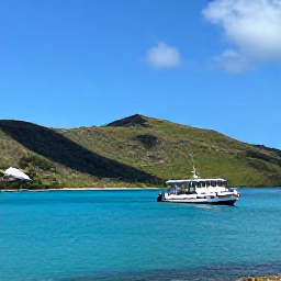 Caribbean Holidays, Guadeloupe Tours June, A bright coastal scene in Guadeloupe in June, with turquoise water, green hills and a small excursion boat