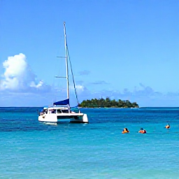 Caribbean Holidays, Guadeloupe Tours June, A catamaran sailing past a small tropical island near Guadeloupe, with snorkellers enjoying clear blue water