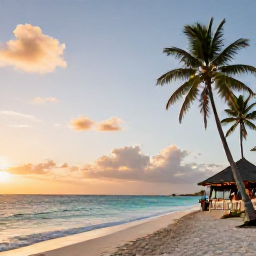 Caribbean Holidays, Guadeloupe Tours June, A quiet Guadeloupe beach at sunset with palm trees, calm turquoise sea and a small beachside restaurant
