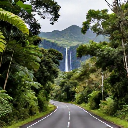 Caribbean Holidays, Guadeloupe Tours June, A scenic road through lush rainforest in Basse-Terre, Guadeloupe, leading towards a waterfall and volcanic mountains