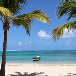 Caribbean Holidays, Guadeloupe Tours May, A bright coastal scene in Guadeloupe during May, with turquoise sea, palm trees and a small boat near a sandy beach
