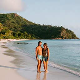 Caribbean Holidays, Guadeloupe Tours May, A happy couple beside a quiet Guadeloupe beach in May, with clear water, green hills and soft afternoon sunlight