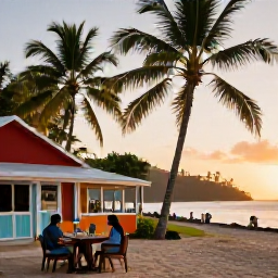 Caribbean Holidays, Guadeloupe Tours May, A relaxed Guadeloupe beach scene at sunset, with a couple dining at a seaside restaurant near palm trees and colourful local buildings
