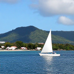Caribbean Holidays, Guadeloupe Tours May, A traditional boat sailing between the islands of Guadeloupe across calm blue Caribbean water, with green hills and a village coastline