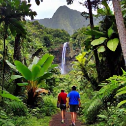 Caribbean Holidays, Guadeloupe Tours May, Travellers walking through a lush rainforest trail in Guadeloupe, with waterfalls, tropical plants and volcanic mountains in the background